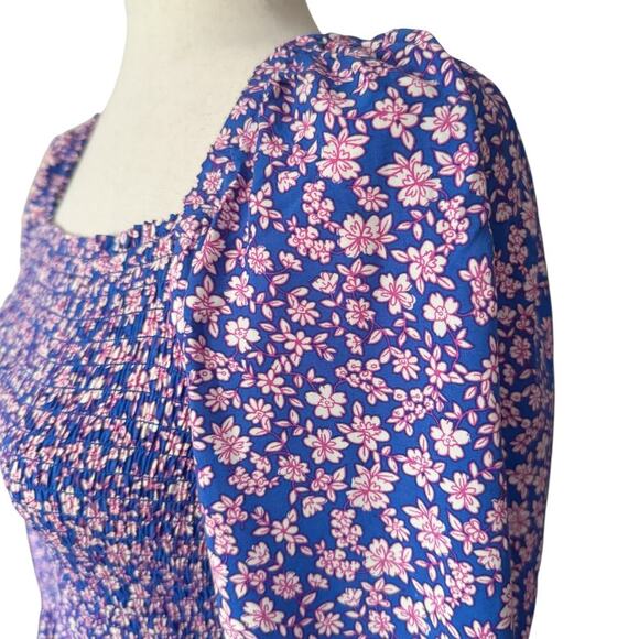 J Crew Dress Womens Small Blue Pink Floral Long Sleeve Smocked Maxi coquette - Picture 4 of 16